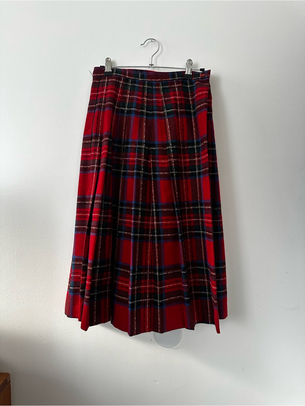 Red wool Plaid Midi Pleated Skirt